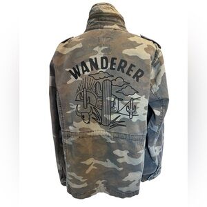 Oversized Green Camouflage Military Jacket with Custom Graphic Print